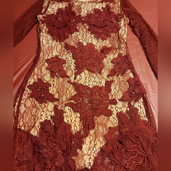 Luxxel Maroon Sheer Embroidered Floral Bodycon Dress w/Nude Bodysuit szS N.W.T. - Picture 6 of 8
